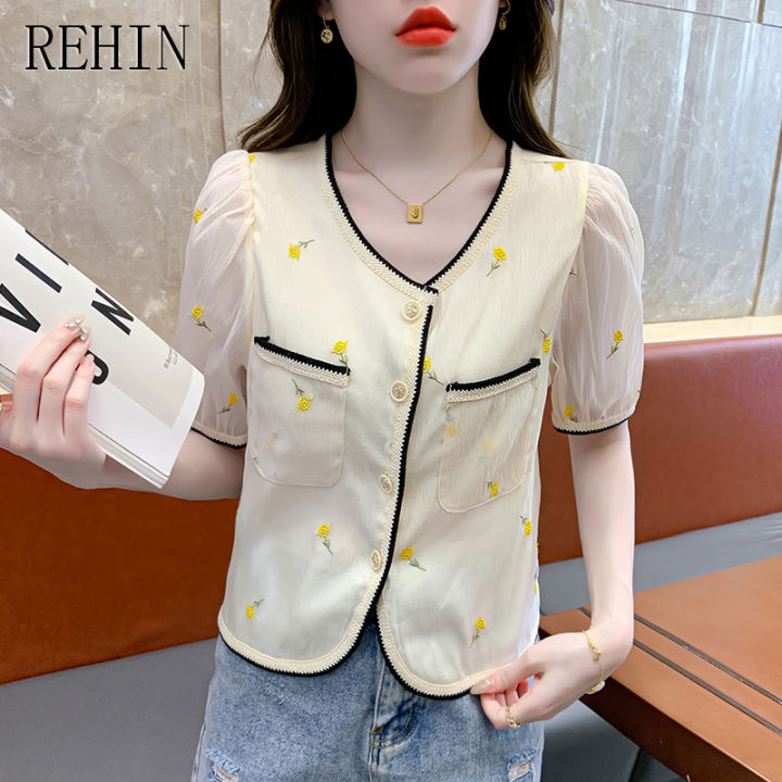 rehin-เสื้อปักดอกไม้พังสดใสขนาดเล็กคอวีของผู้หญิง-เสื้อปักลายเก๋ๆเสื้อแขนสั้น2023ฤดูร้อนใหม่