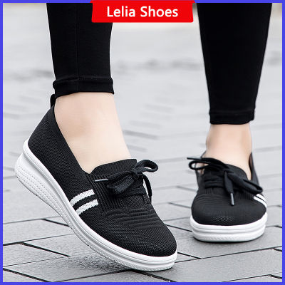 รองเท้าส้นเตี้ยสำหรับผู้หญิงขนาดใหญ่ระบายอากาศ35-42ลูกไม้ขึ้นสีดำสีขาวสีชมพูรองเท้าลำลอง