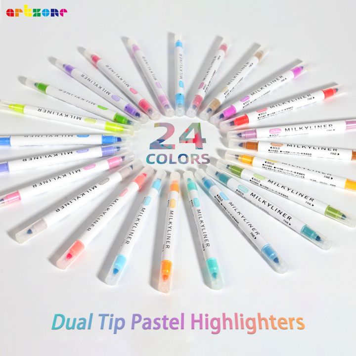 ชุดปากกาเน้นข้อความสีอ่อนจำนวน-12-24สีพาสเทลปากกาเน้นข้อความนมปากกาปลายคู่เรืองแสงปากกาเน้นข้อความไม่มีเลือดออก
