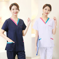 Plug Size Scrub Top V Neck Color Blocking Women Uniform Short Sleeve Spa Uniform Nurse Clothes Doctor Workwear(no Pants)