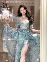 ✲♧❐ ocehrk Verão super chiffon fada princesa puff manga longa vestido de comprida vintage temperamento carne-cobrindo médio e longo fadas