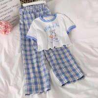 2023 Summer Girls Cartoon Tee + Plaid Pants Two-piece Teenage Outfits Set Baby Bear Short Sleeve Suits 4 6 8 10 12