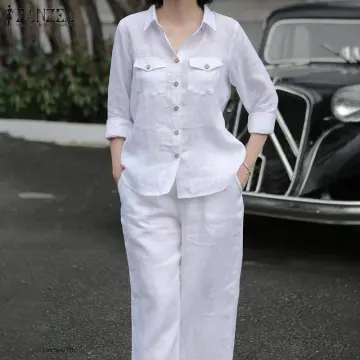 Women's Casual Suit Loose Solid Color Shirt Trousers Linen and
