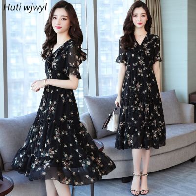 Summer Black Vintage Floral Chiffon Midi Sundress 2023 Elegant Women Casual Boho Beach Dress Party Short Sleeve Runway Vestidos