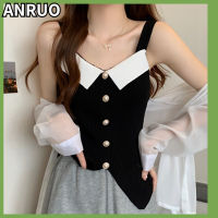 ANRUO เสื้อชั้นในสตรี2023ฤดูร้อนใหม่เซ้นส์มีเอกลักษณ์และเก๋ไก๋เสื้อยาวปิดถึงก้นเสื้อแขนกุด