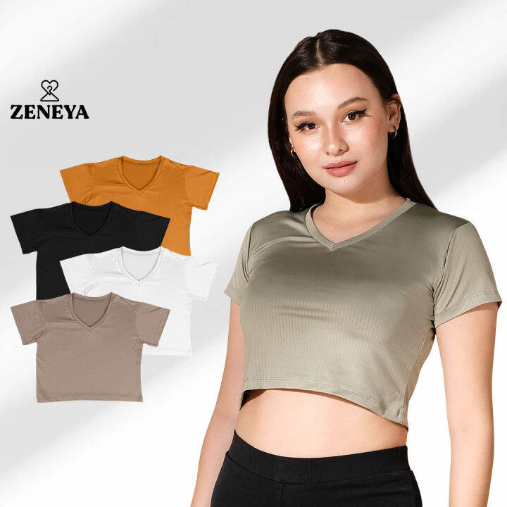 Zeneya Rib Ribbed V Neck Crop Top For Women basic classic casual wear ...