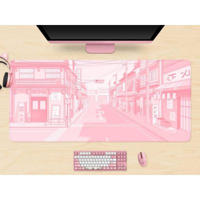 Pink Anime Desk Mat xl,Kawaii Mousepad Tokyo street, Retro lo-fi pastel Anime aesthetics, xxl extra large gaming deskmat, mouse pad