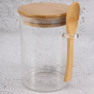 Glass Food Airtight Canister Castor Wooden Twist Lid Kitchen Candy Storage Tank Jar Bamboo Food Container with Wooden Spoon