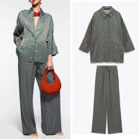 PB&amp;ZA Summer New Womens Geometric Pattern Print Long-sleeved Button-down Shirt Ethnic Style High Waist Straight Trousers Suit