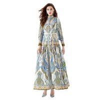 Womens Dress New Fashion 2023 Holiday Style Standing Neck Lantern Sleeves Wave Edge Long Printed MAXI  Dress