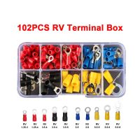 102pcs RV Ring Cable Wire Connector Electrical Crimping Terminals Copper Wire Insulated Cord Pin End Butt Mixed O type Kit Box