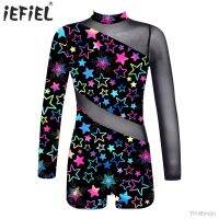 Kids Girls Figure Skating Ballet Modern Dance Costume Mock Neck Long Sleeves Mesh Patchwork Dance Gymnastics Jumpsuit Bodysuit