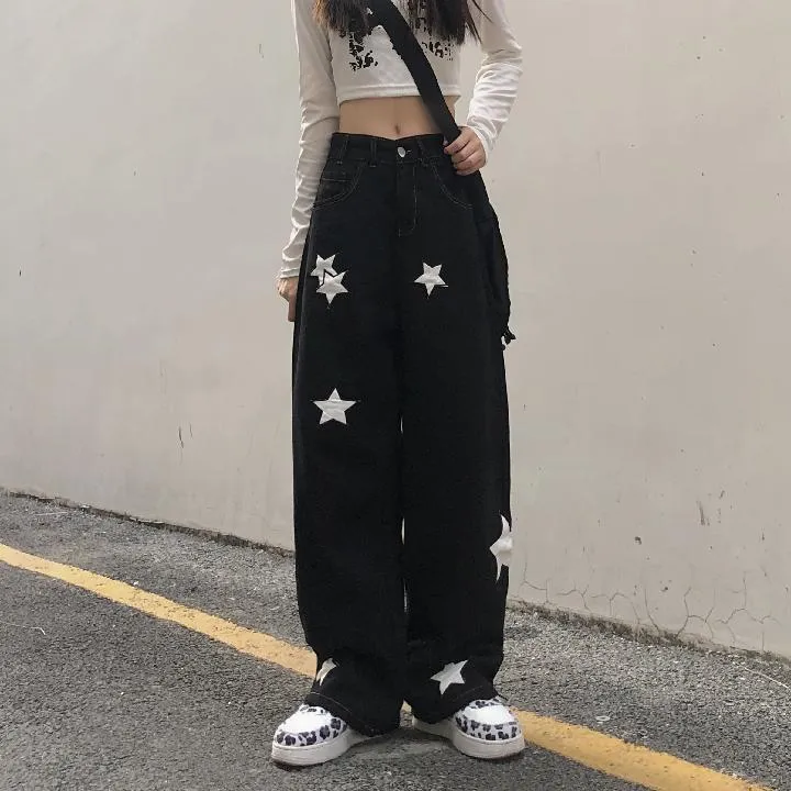 Star Graffiti Jeans Women Hip Hop Streetwear Denim Pants Jeans Trousers  Women Lowrise Pants Y2k - Jeans - AliExpress