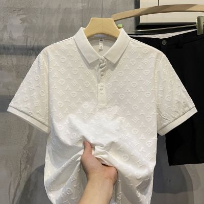 【Ready】🌈 Fashion light luxury high-end handsome shirt summer new comfortable breathable youth slim-fit lapel short-sleeved T-shirt men