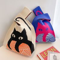 Retro Knitted Bag Women Contrast Color Handbag Cute Cat Pattern Bags Fashion Casual Tote Bag Designer Original Bag Open Handbag