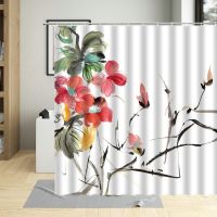 Chinese Style Watercolors Flowers Decor Shower Curtain Beautiful Floral Art Poster Waterproof Bathroom Curtains With 12 Hooks