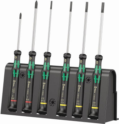 Wera 2035/6 Kraftform MicroSlotted/Phillips Electronics Screwdriver Set and Rack, 6-Piece Slotted: 2.5x80mm, 3x80mm, 3.5x80mm, 4x80mm. Phillips: 0x60mm, 1x80mm