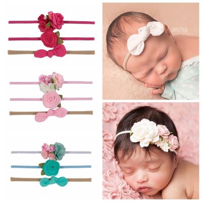 New 3pcs/lot Chiffon Bow Leaf Flower Nylon Baby Headband Rose Floral Newborn Headwear Baby Girls Children Hair Accessories