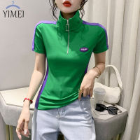 YIMEI เสื้อคอวีซิปหน้าคอวีสำหรับสตรี2023ฤดูร้อน/ฤดูใบไม้ผลิผ้าฝ้ายแขนสั้นใหม่เสื้อยืดสตรีแฟชั่นเข้ารูปพอดีสีตัดกันตะวันตก