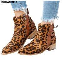 Leopard Print Mid-heeled Ankle Boots Womens 2022 Autumn And Winter Sexy Pointed Toe Fashion Boots Large Size Popular Shoes