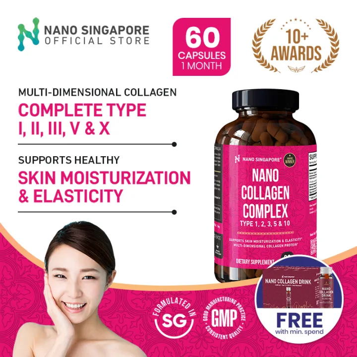 Nano Collagen Complex Supplement Types 1, 2, 3, 5 and 10, max Collagen + Protein + Vitamin, Support Radiant Skin (60 caps) | Free Shipping