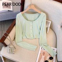 PEAR DODO เสื้อคาร์ดิแกนเอวสูงเสื้อคาร์ดิแกนแขนยาวสั้นคอกลมเกาหลีสำหรับผู้หญิง