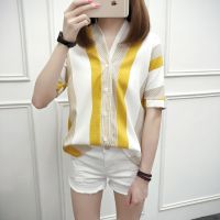 Zuoan Ready Stock Fashion Loose V-neck Stripe Shirt Short Sleeve Women Blouse Tops