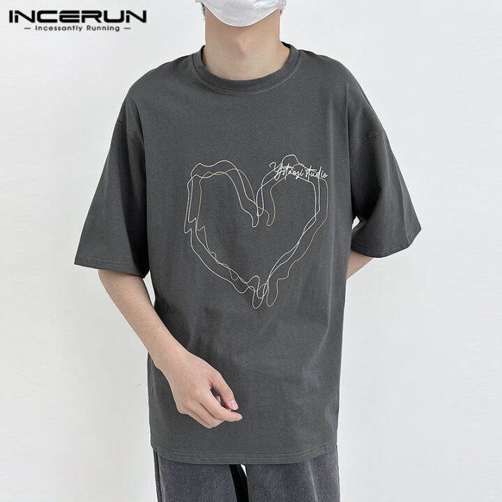 incerun-เสื้อเบลาส์ลำลองสำหรับวันหยุดเสื้อยืดคอกลมหัวใจผู้ชายแขนสั้น