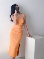 High-end Pure Desire Sexy U-neck Slim Slim Waist Slit Mid-length Wrapped Hip Sling Dress Pleated Tank Top Long Dress