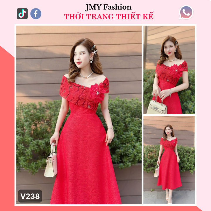 Váy nhung đỏ trễ vai kiểu nơ công chúa V7276  The Queen Fashion