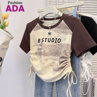 ADA เสื้อยืดแขนแร็กแลนวินเทจสำหรับผู้หญิงแฟชั่นฤดูร้อนเสื้อมีเชือกผูกสำหรับใส่คลุมหน้าท้องให้ความรู้สึกดีไซน์ใหม่ใส่เสื้อแขนสั้น