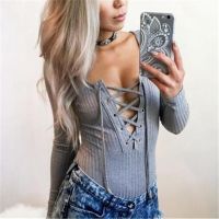 New Casual Lace up Bodysuit Women Female Body V-Neck Long Sleeve Romper Women Bandage Bodycon Leotard Top mono mujer