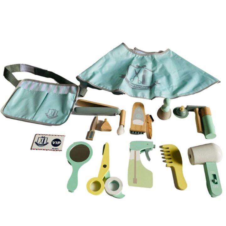 【YF】 Wooden Haircut Toy Set Kids Barber Playset Hairdressing Toys Kit Play House Pretend Girls