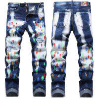 Products In Stock New 2023 Punk Trendy Mens Jeans Blue Ripped Paint White Patch Skinny Mens Clothing