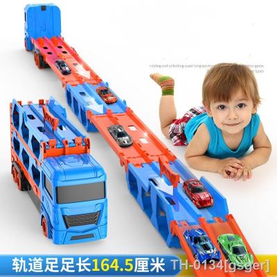 ☌▪ Carro transportador caminhão brinquedos para crianças Mega Hauler Trucks Alloy Trolley Recipiente deformado de três camadas