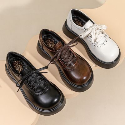[COD] 2022 new retro round toe college style leather shoes womens all-match thick-soled lace-up platform