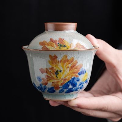 [COD] flower glaze hand-painted peony sancai bowl teacup ceramic kung fu tea set with hot