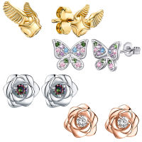 100 925 NEW Sterling Silver Butterfly Earrings Gold Silver Rose Flower Stud Earrings For Women Fashion Jewelry Holiday Gift