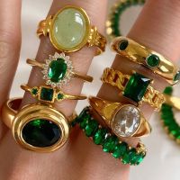เครื่องประดับคริสตัลสีเขียวแหวนไททาเนียมแหวนสแตนเลสสำหรับผู้หญิงเครื่องประดับ Bague Femme Anillos Mujer Rings ชุบทอง Joyeria