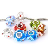 ลูกปัดแก้ว Lampwork ยุโรปรูใหญ่เม็ดกลมเพ้นท์ดอกไม้นูน ขนาด 17x10mm 10 เม็ดคละสีแบบสุ่ม