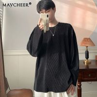 MAYCHEER    เสื้อยืดผู้ชายแขนยาวลายทางเสื้อกล้ามหลวมและสีทึบ