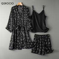 QSROCIO Womens Pajamas Set Letters Partern 3 Pieces Robe Sling Shorts Sleepwear Silk Like Fashion Female Home Clothes Nightwear