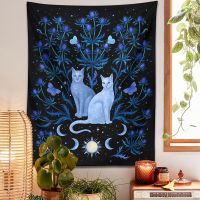 Blue Thistle Cat Tapestry Wall Hanging Psychedelic Moon Sun Moth Cat Leaf Flower Divination Occult Home Wall Black Cool Decor Tapestries Hangings