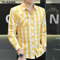 2023 new autumn mens casual Korean style slim all-match pocket high-quality plaid top long-sleeved