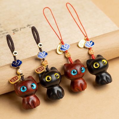Ebony Cute Anime Cat Keychain for Women Men Mobile Phone Bag Chain Wooden Pendant Bell Creative Handmade Jewelry Accessories