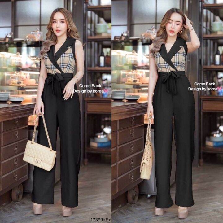 tw17399-jumpsuit-bbr-แขนกุดขายาว-ผูกโบว์เอว