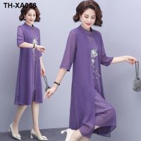 Middle-aged and elderly womens summer chiffon dress fake two-piece suit mother cheongsam collar long skirt wide wife foreign style skirt