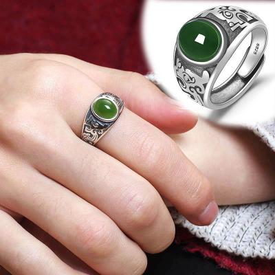 ธรรมชาติ Hotan Jade ผู้ชาย S925 แหวนเงิน แหวนหยกวินเทจ แหวนหยกสำหรับผู้ชาย O8B3