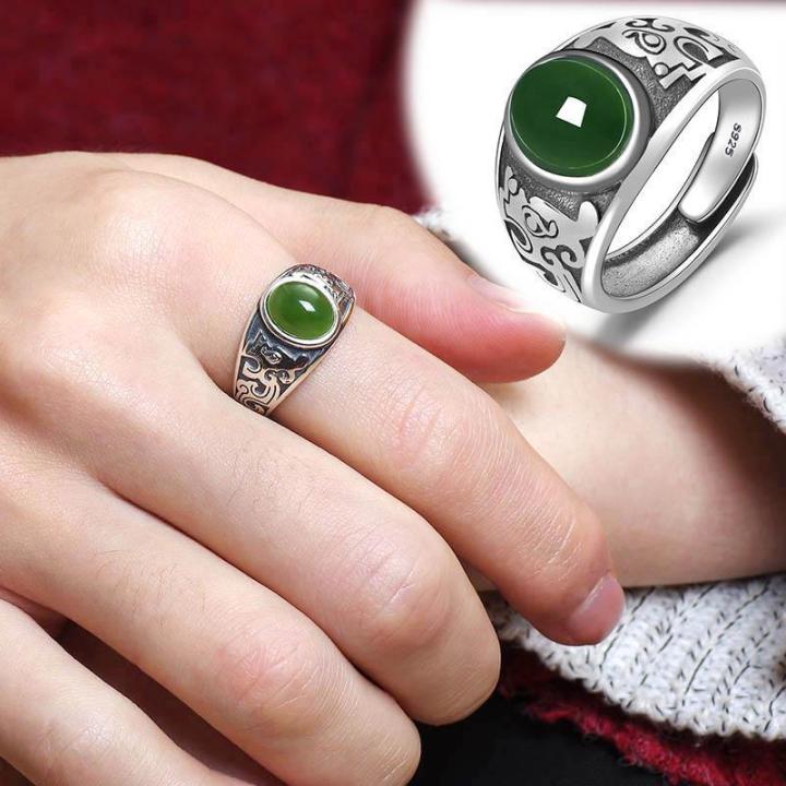 ธรรมชาติ-hotan-jade-ผู้ชาย-s925-แหวนเงิน-แหวนหยกวินเทจ-แหวนหยกสำหรับผู้ชาย-o8b3
