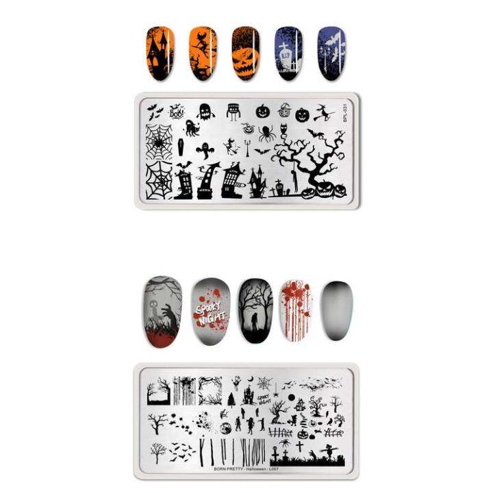 halloween-series-nail-art-templates-skull-bat-castle-wizard-doodle-style-printing-stencil-transfer-steel-plate-template-convenient